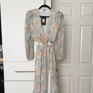 Fashion Nova Cream and Blue Long Sleeve Dress